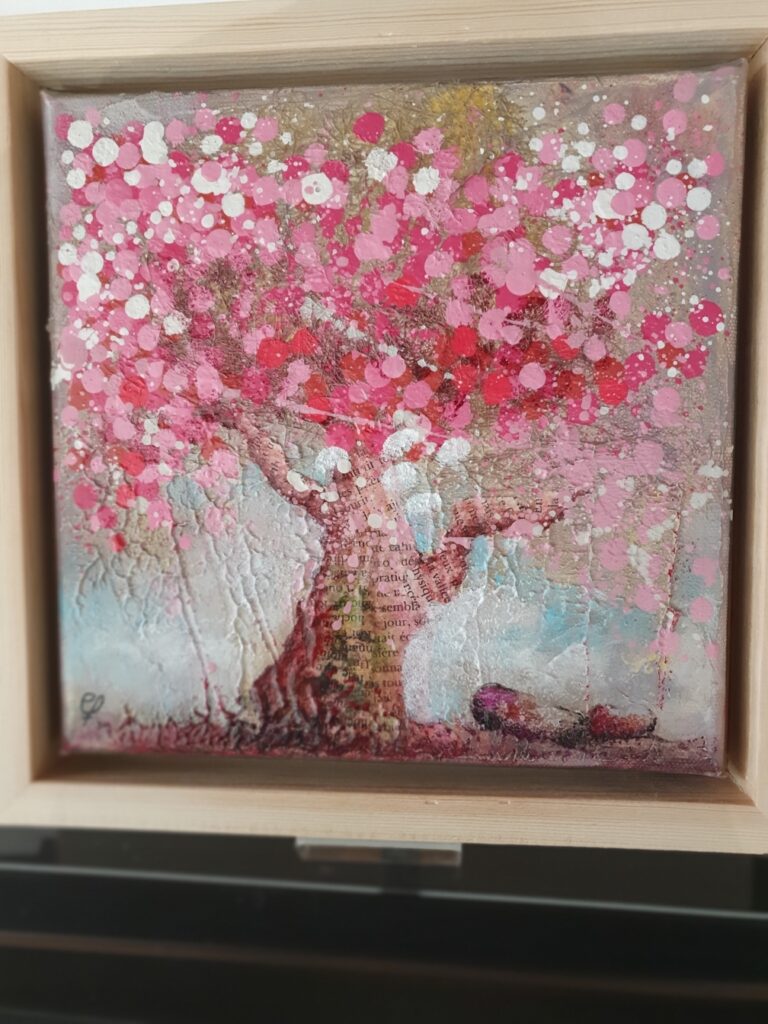 Peinture d'un arbre en fleurs, exposition au Grand Presbytère, Martres Tolosane.