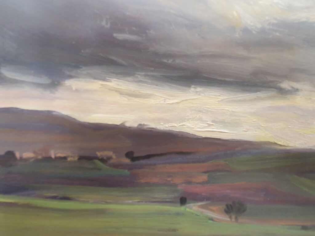 Paysage abstrait aux nuances de vert et de mauve, Le Grand Presbytère.