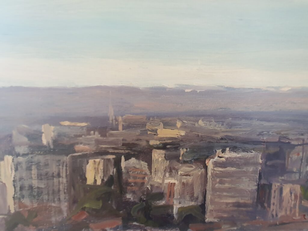 Vue stylisée d'une ville, exposée au Grand Presbytère, Salle Martres Tolosane.