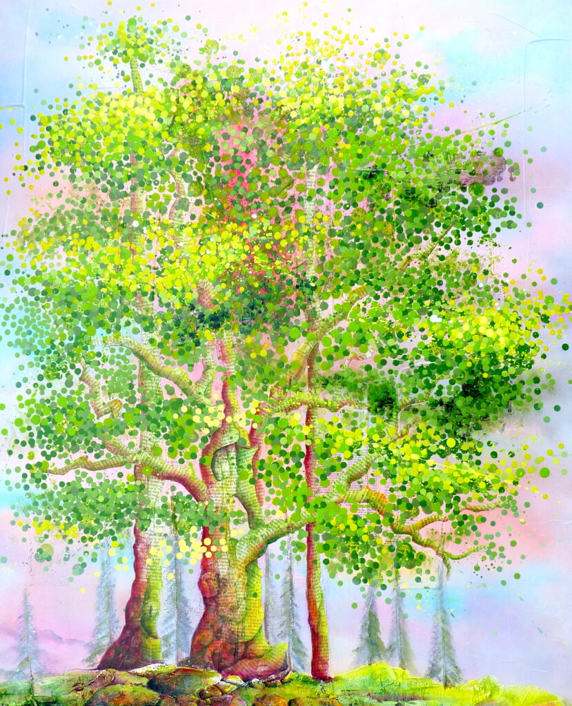 Oeuvre végétale colorée exposée au Grand Presbytère, Salle d’exposition Martres Tolosane.