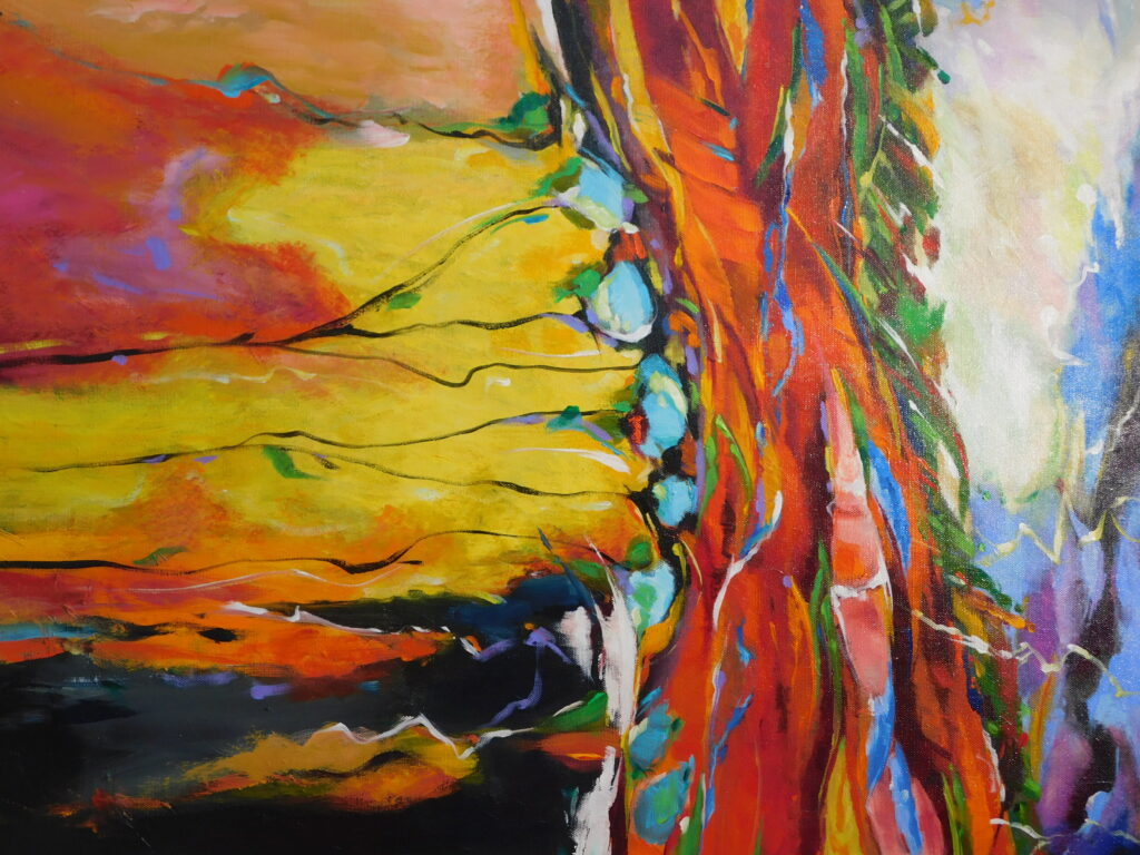 Peinture abstraite colorée exposée au Grand Presbytère; Salle d’exposition Martres Tolosane.