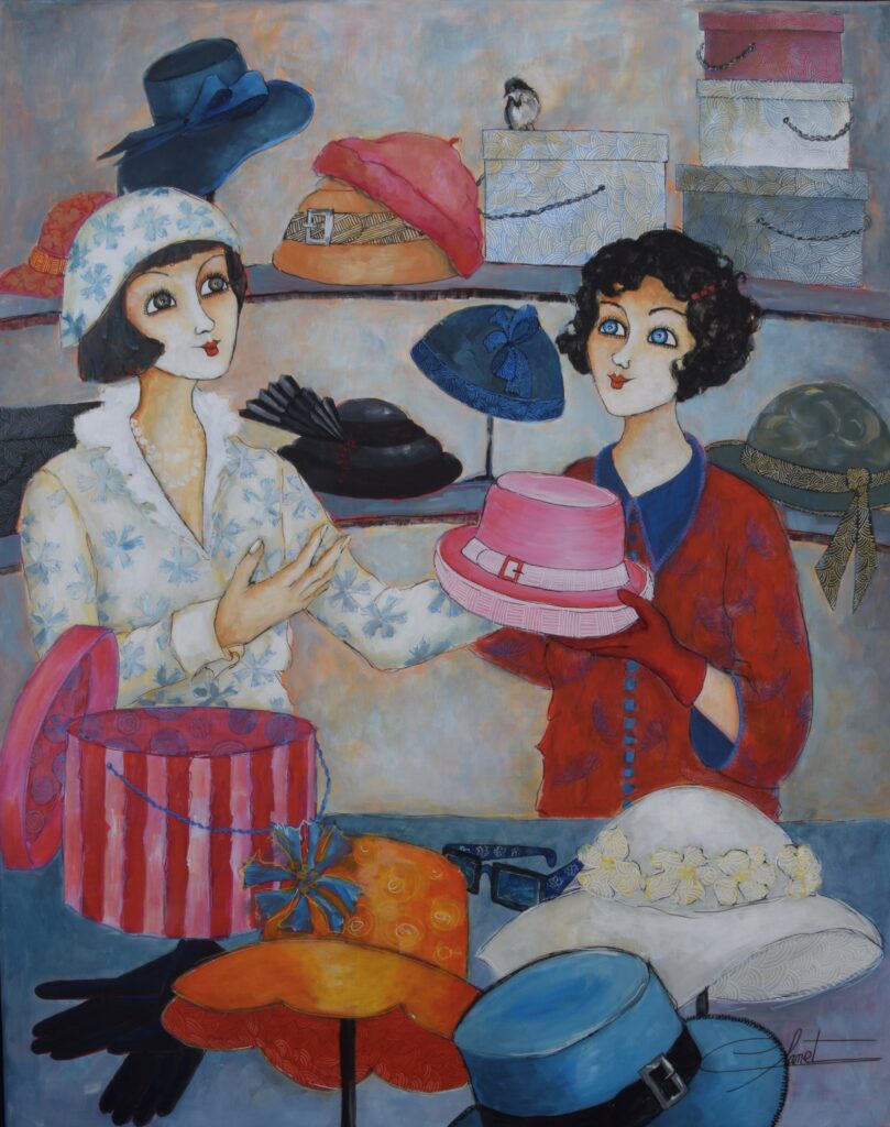 Femme présentant un chapeau rose à une amie, Le Grand Presbytère.